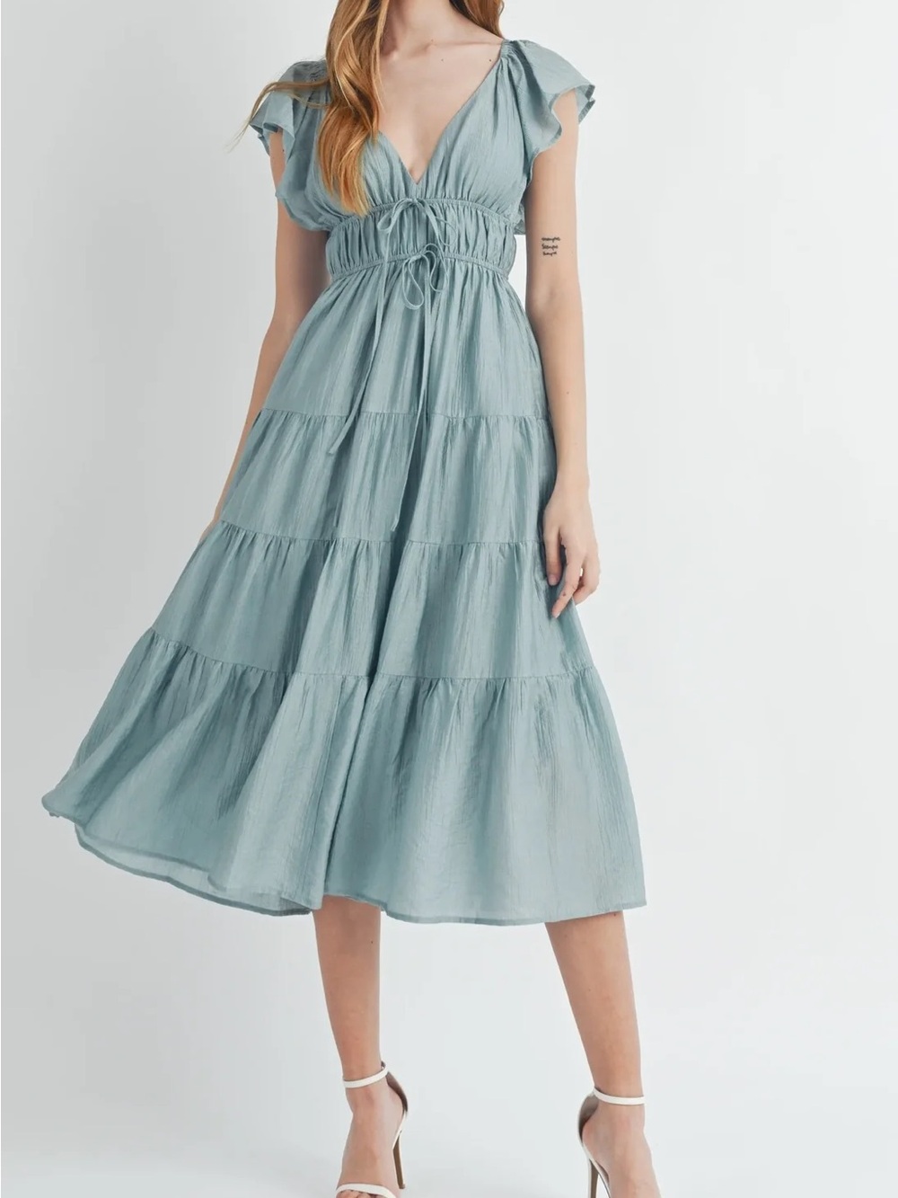 Dusty Blue Tiered V-Neck Midi Dress